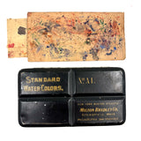 No. A1: Early Milton Bradley Watercolor Tin with Excellent Graphics, Blotter Papers, and Well Used Colors, c. 1890