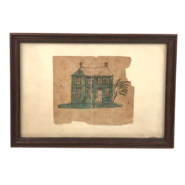 Early 19th Century Watercolor of Blue House with Willow