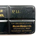 No. A1: Early Milton Bradley Watercolor Tin with Excellent Graphics, Blotter Papers, and Well Used Colors, c. 1890