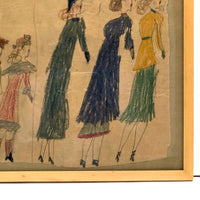 Women and Girls, Excellent Child's Crayon Drawing on Brown Paper, Framed