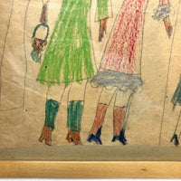 Women and Girls, Excellent Child's Crayon Drawing on Brown Paper, Framed