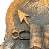 Antique Olive Wood Relief Carving with Bible, Arrow, Club, Tools