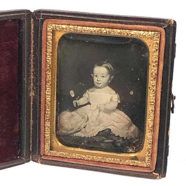 Early 9th Plate Daguerreotype of Folk Art Painting of Young Chlld with Hat and Mirror