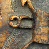 Antique Olive Wood Relief Carving with Bible, Arrow, Club, Tools