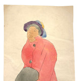 Samuel Wood Gaylor c. 1920 Small Watercolor, Woman in Pink Coat with Muff
