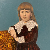 Child in Crimson with Fancy Lace, Draped Textile, and Craquelure, Antique Folk Art Tintype