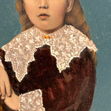 Child in Crimson with Fancy Lace, Draped Textile, and Craquelure, Antique Folk Art Tintype