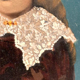 Child in Crimson with Fancy Lace, Draped Textile, and Craquelure, Antique Folk Art Tintype