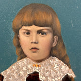 Child in Crimson with Fancy Lace, Draped Textile, and Craquelure, Antique Folk Art Tintype