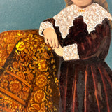 Child in Crimson with Fancy Lace, Draped Textile, and Craquelure, Antique Folk Art Tintype