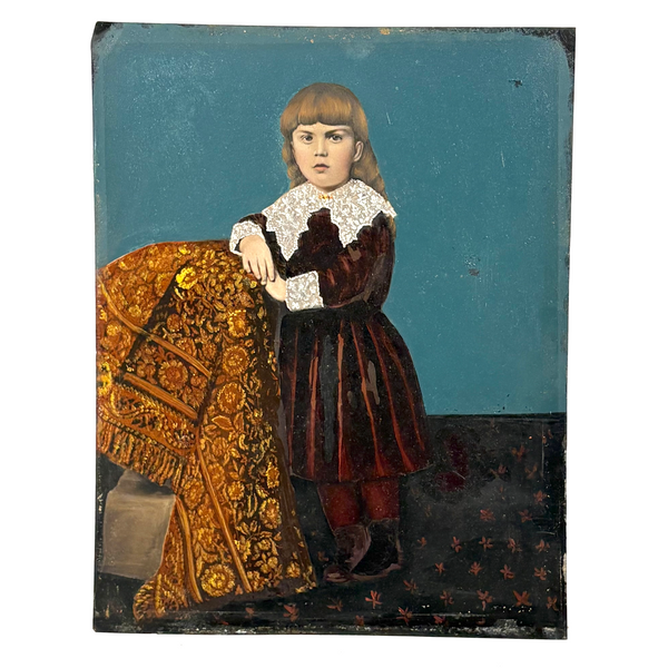 Child in Crimson with Fancy Lace, Draped Textile, and Craquelure, Antique Folk Art Tintype