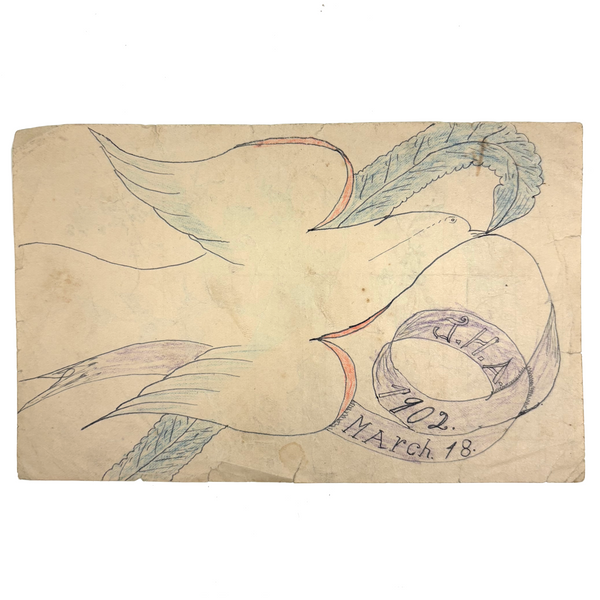 Dove with Banner and Many Birds on Reverse, 1902 James Adaire, Spring Grove PA Ink and Crayon Drawing
