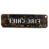 FIRE CHIEF, Unusual and Excellent Old Brass Stencil with Aptly Black Patina