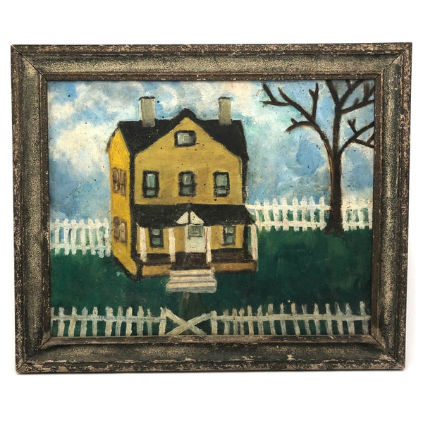 Wonderful c. 1940s-50s Folk Art Painting of Yellow House with White Picket Fence