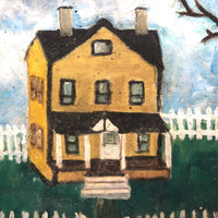 Wonderful c. 1940s-50s Folk Art Painting of Yellow House with White Picket Fence