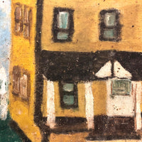 Wonderful c. 1940s-50s Folk Art Painting of Yellow House with White Picket Fence