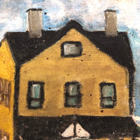 Wonderful c. 1940s-50s Folk Art Painting of Yellow House with White Picket Fence