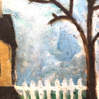 Wonderful c. 1940s-50s Folk Art Painting of Yellow House with White Picket Fence