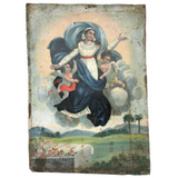 Assumption of the Virgin, Beautiful Antique Folk Art Retablo on Tin