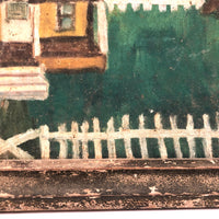 Wonderful c. 1940s-50s Folk Art Painting of Yellow House with White Picket Fence
