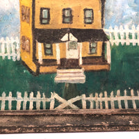 Wonderful c. 1940s-50s Folk Art Painting of Yellow House with White Picket Fence