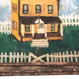Wonderful c. 1940s-50s Folk Art Painting of Yellow House with White Picket Fence