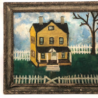 Wonderful c. 1940s-50s Folk Art Painting of Yellow House with White Picket Fence