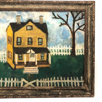 Wonderful c. 1940s-50s Folk Art Painting of Yellow House with White Picket Fence