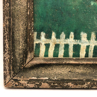 Wonderful c. 1940s-50s Folk Art Painting of Yellow House with White Picket Fence
