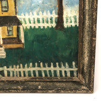 Wonderful c. 1940s-50s Folk Art Painting of Yellow House with White Picket Fence