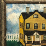 Wonderful c. 1940s-50s Folk Art Painting of Yellow House with White Picket Fence