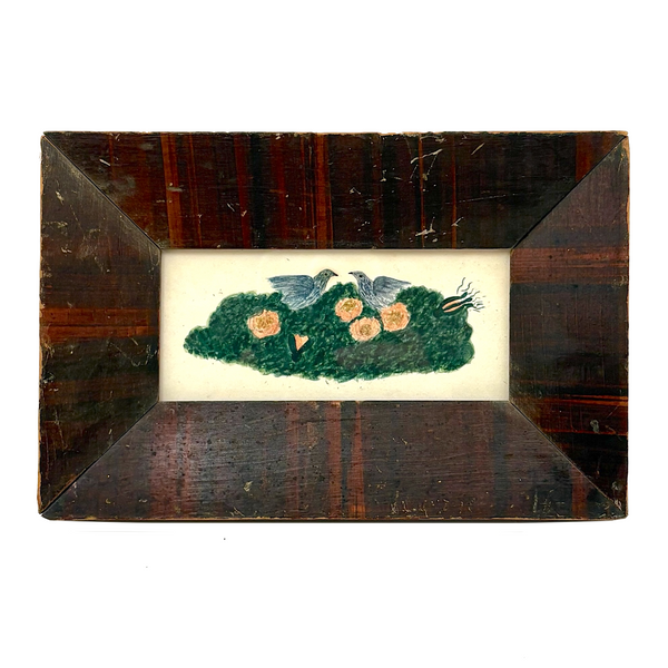 Pair of Love Birds, 1830s Folk Art Watercolor in Period Paint Decorated Frame