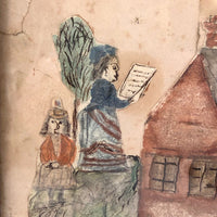 Two Women and House with Fallen Limbs 19th C. Watercolor Drawing