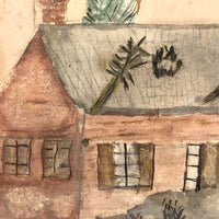Two Women and House with Fallen Limbs 19th C. Watercolor Drawing