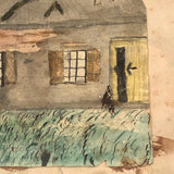Two Women and House with Fallen Limbs 19th C. Watercolor Drawing