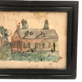 Two Women and House with Fallen Limbs 19th C. Watercolor Drawing