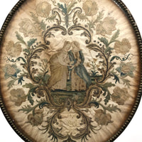 The Visitation, Antique Brass Pole Screen with Fine Georgian Silk Embroidery on Paper