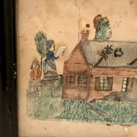 Two Women and House with Fallen Limbs 19th C. Watercolor Drawing