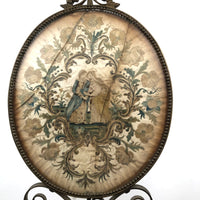 The Visitation, Antique Brass Pole Screen with Fine Georgian Silk Embroidery on Paper
