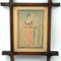 Woman in Garden with One Raised Finger, Marvelous Late 19th Century Graphite and Crayon Folk Drawing, Period Frame