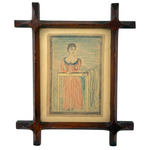 Woman in Garden with One Raised Finger, Marvelous Late 19th Century Graphite and Crayon Folk Drawing, Period Frame