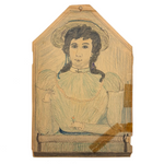 Woman in Yellow Hat with Amazing Lips and Tiny Flower, Antique Graphite and Crayon Drawing