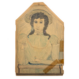 Woman in Yellow Hat with Amazing Lips and Tiny Flower, Antique Graphite and Crayon Drawing