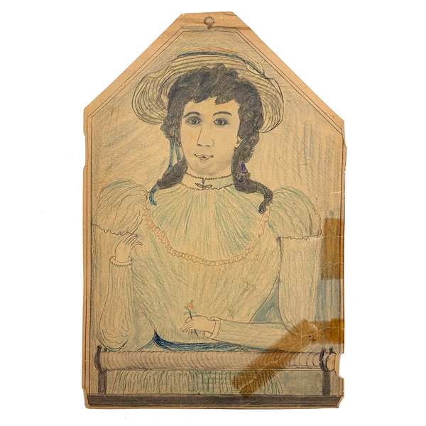 Woman in Yellow Hat with Amazing Lips and Tiny Flower, Antique Graphite and Crayon Drawing