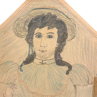 Woman in Yellow Hat with Amazing Lips and Tiny Flower, Antique Graphite and Crayon Drawing