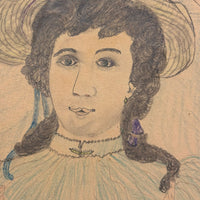 Woman in Yellow Hat with Amazing Lips and Tiny Flower, Antique Graphite and Crayon Drawing