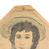 Woman in Yellow Hat with Amazing Lips and Tiny Flower, Antique Graphite and Crayon Drawing