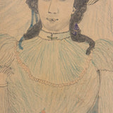 Woman in Yellow Hat with Amazing Lips and Tiny Flower, Antique Graphite and Crayon Drawing