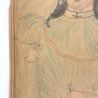 Woman in Yellow Hat with Amazing Lips and Tiny Flower, Antique Graphite and Crayon Drawing