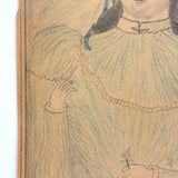 Woman in Yellow Hat with Amazing Lips and Tiny Flower, Antique Graphite and Crayon Drawing